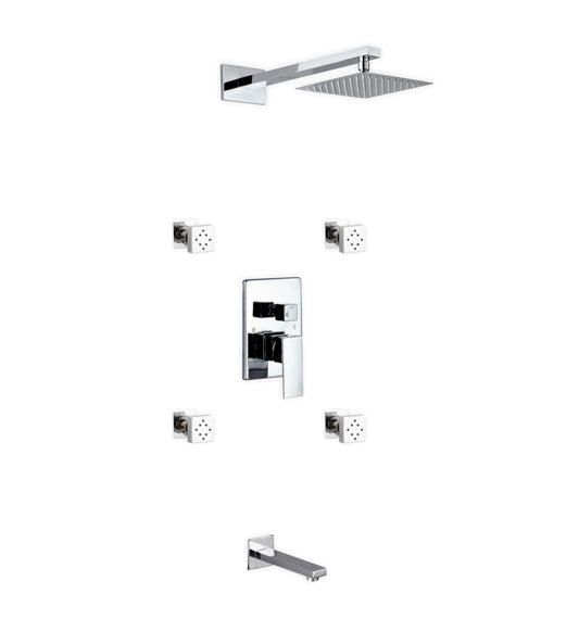 Aqua Piazza Shower Set w/ 8" Square Rain Shower,  4 Body Jets and Tub Filler