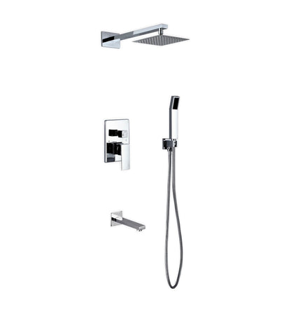 Aqua Piazza Chrome Brass Shower Set w/ 8" Square Rain Shower,  Tub Filler and Handheld