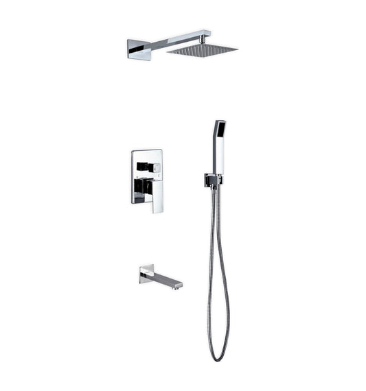 Aqua Piazza Chrome Brass Shower Set w/ 8" Square Rain Shower,  Tub Filler and Handheld