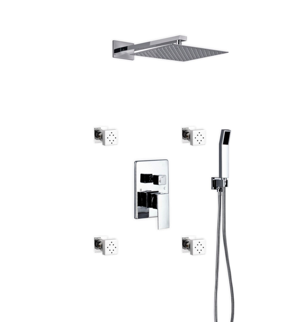 Aqua Piazza Shower Set w/ 12" Square Rain Shower,  Handheld and 4 Body Jets