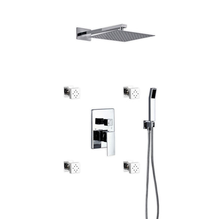 Aqua Piazza Shower Set w/ 12" Square Rain Shower,  Handheld and 4 Body Jets